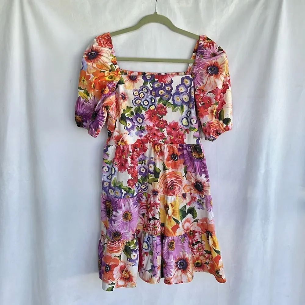 Express Spring Meadow Tiered Puff Sleeve Square Neck Dress M